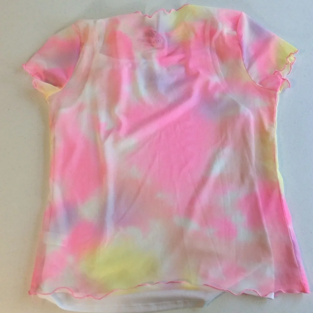 Justice tie-dye mesh shirt with built-in undershirt. XL 14–16.